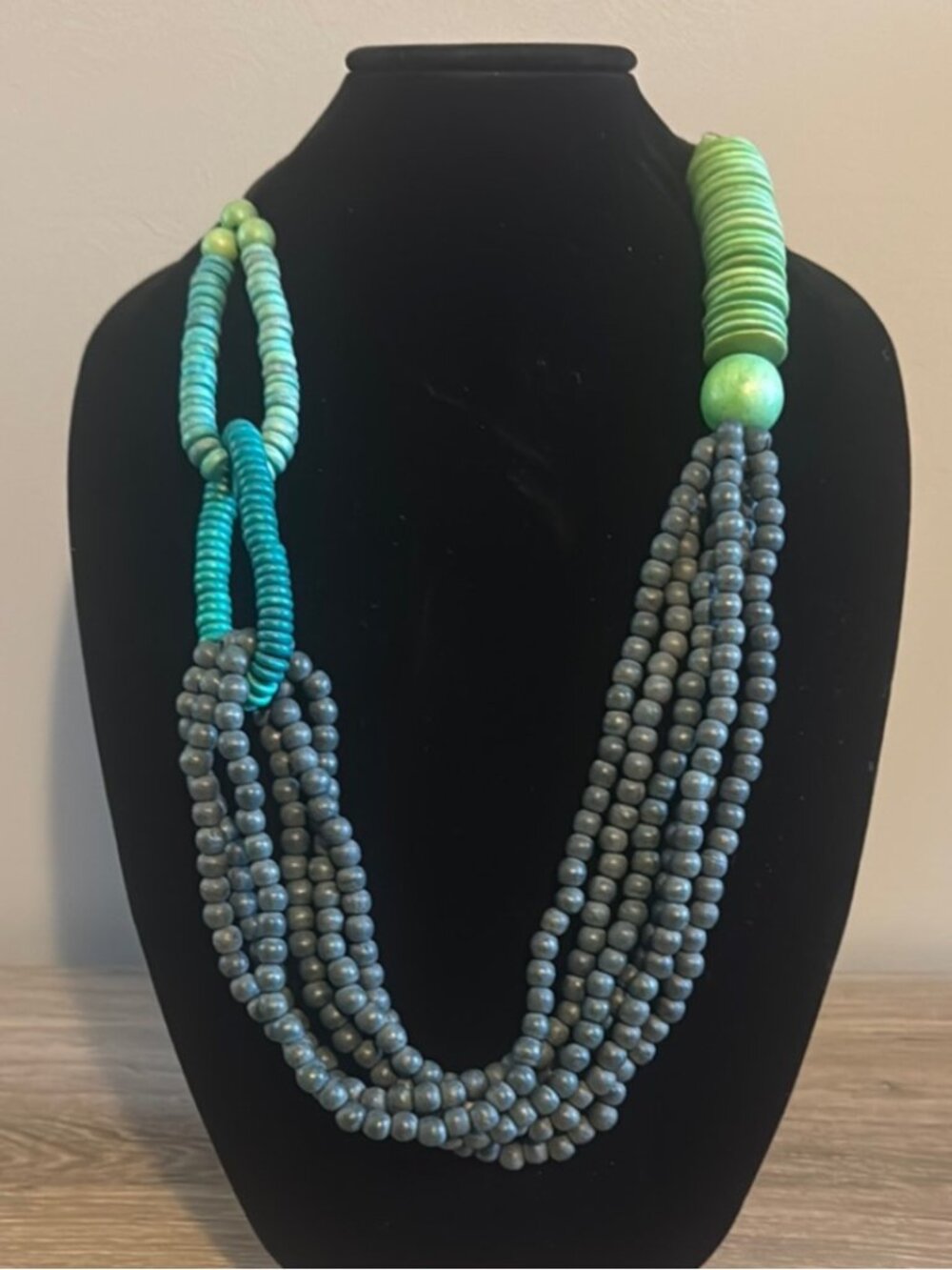 Boho Multi Strand Beaded Statement Necklace | Teal Green Gray Wood Artisan Adjus - Picture 2 of 4
